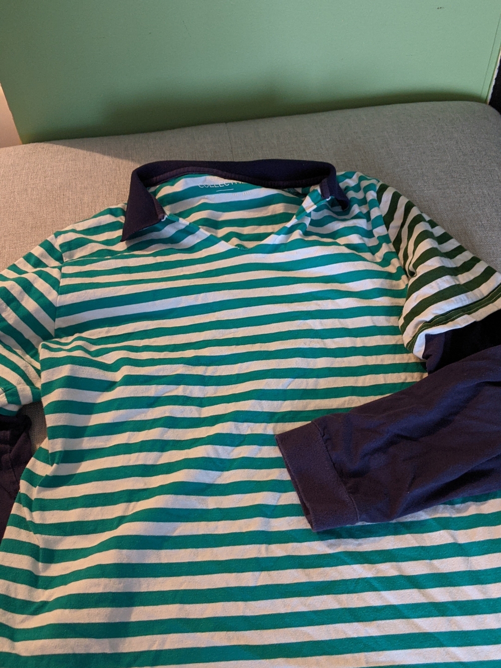 Mens Green & White Stripe Polo Top with Navy Trim